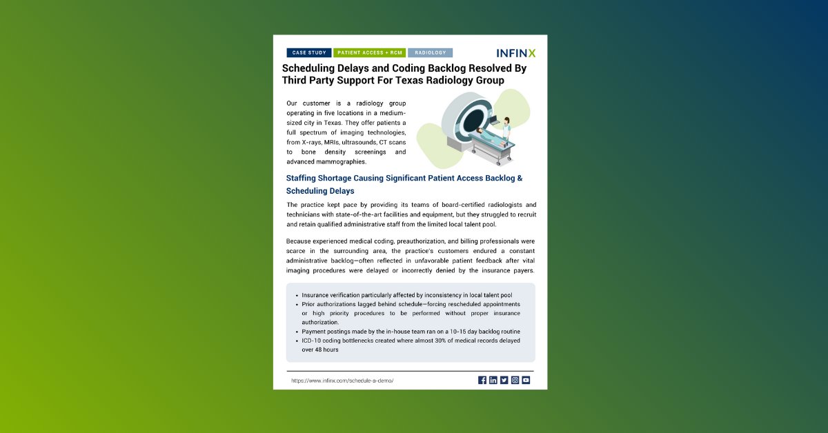 Infinx - Case Study - Scheduling Delays and Coding Backlog Resolved By Third Party Support For Texas Radiology ​Group