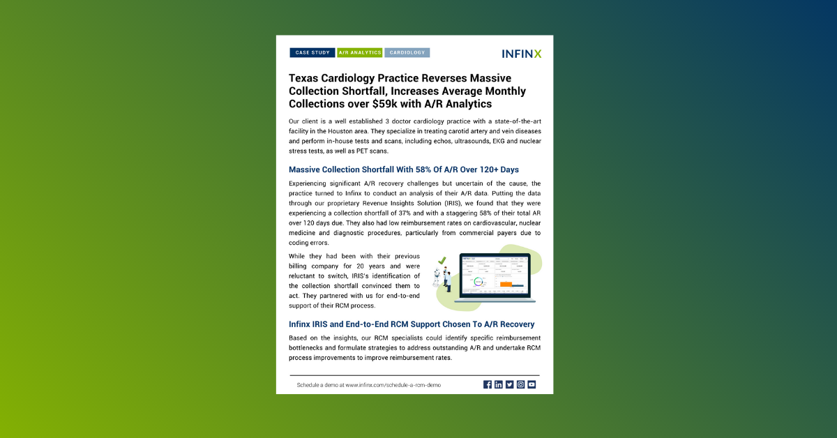 Infinx - Case Study - Texas Cardiology Practice Reverses Massive Collection Shortfall, Increases Average Monthly Collections over $59k with A/R Analytics