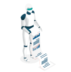 Robot holding analytics data document - Infinx Isometric Robot Icons